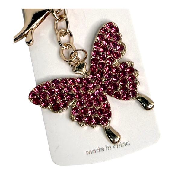 Mint Rhinestone Butterfly Bag Charm Pink Crystal Key Chain Ring Backpack Purse - Picture 3 of 4